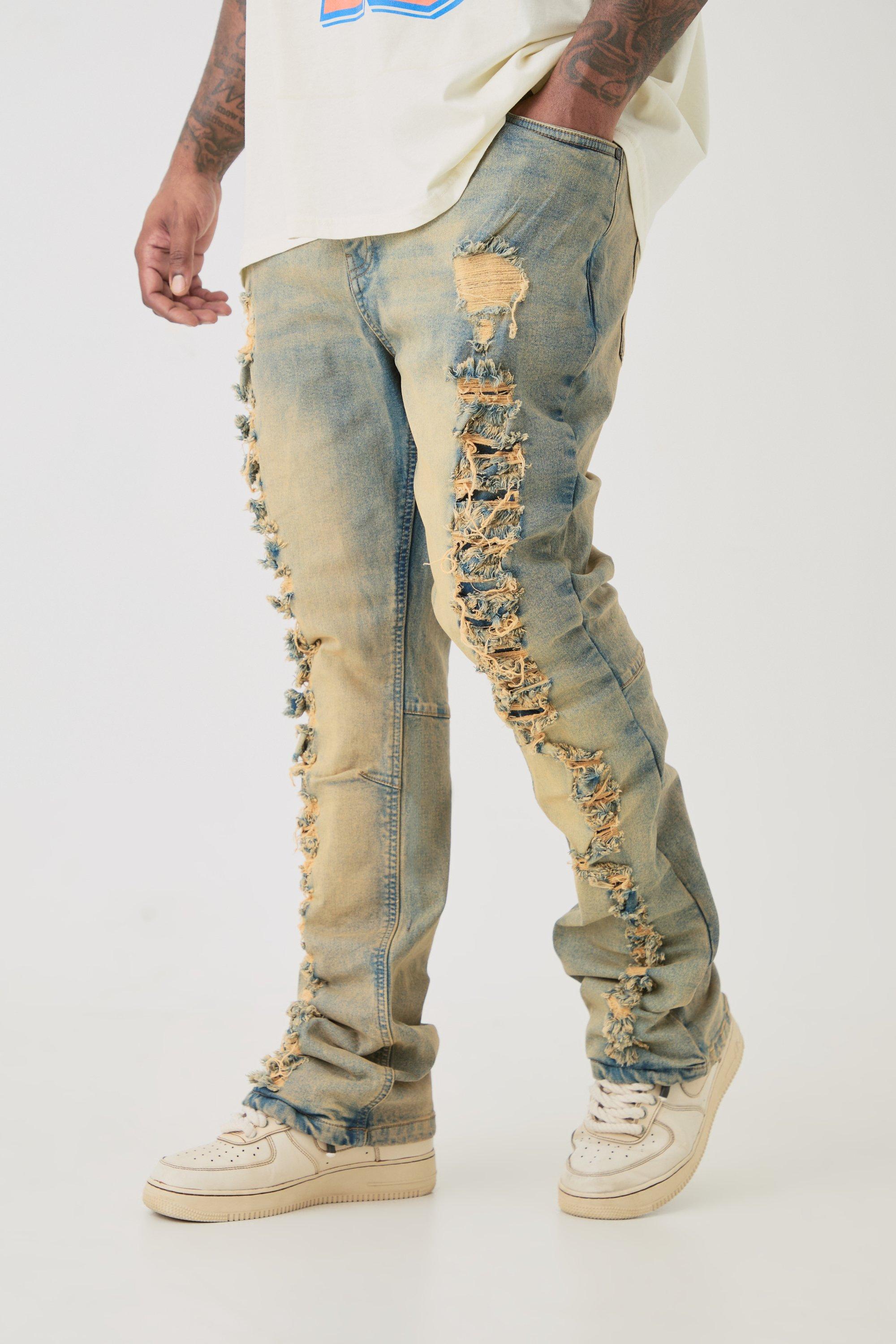 Mens White Plus Distressed Stretch Skinny Flared Jeans, White